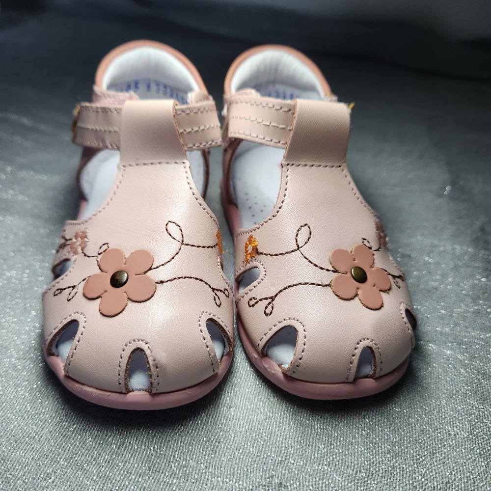 Andanenes Kids Pink Leather Floral T-Strap Closed Toe Sandals Shock Absorb